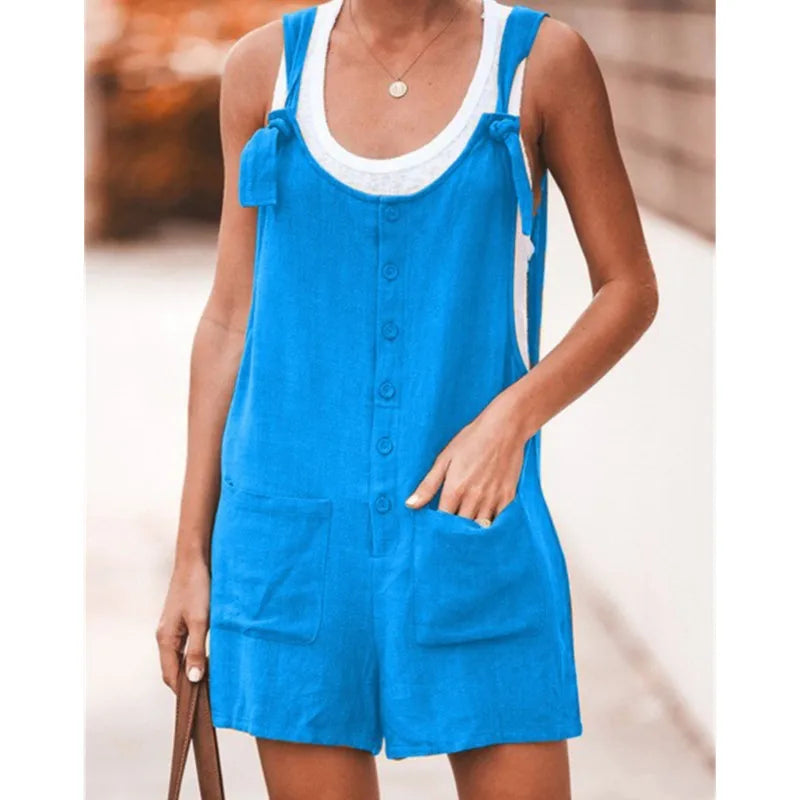 Summer Women's Solid Round Neck Pocket Loose Jumpsuit Shorts Bodys Mujer Black Romper Clothes Y2k 2024 Bodysuit Negro
