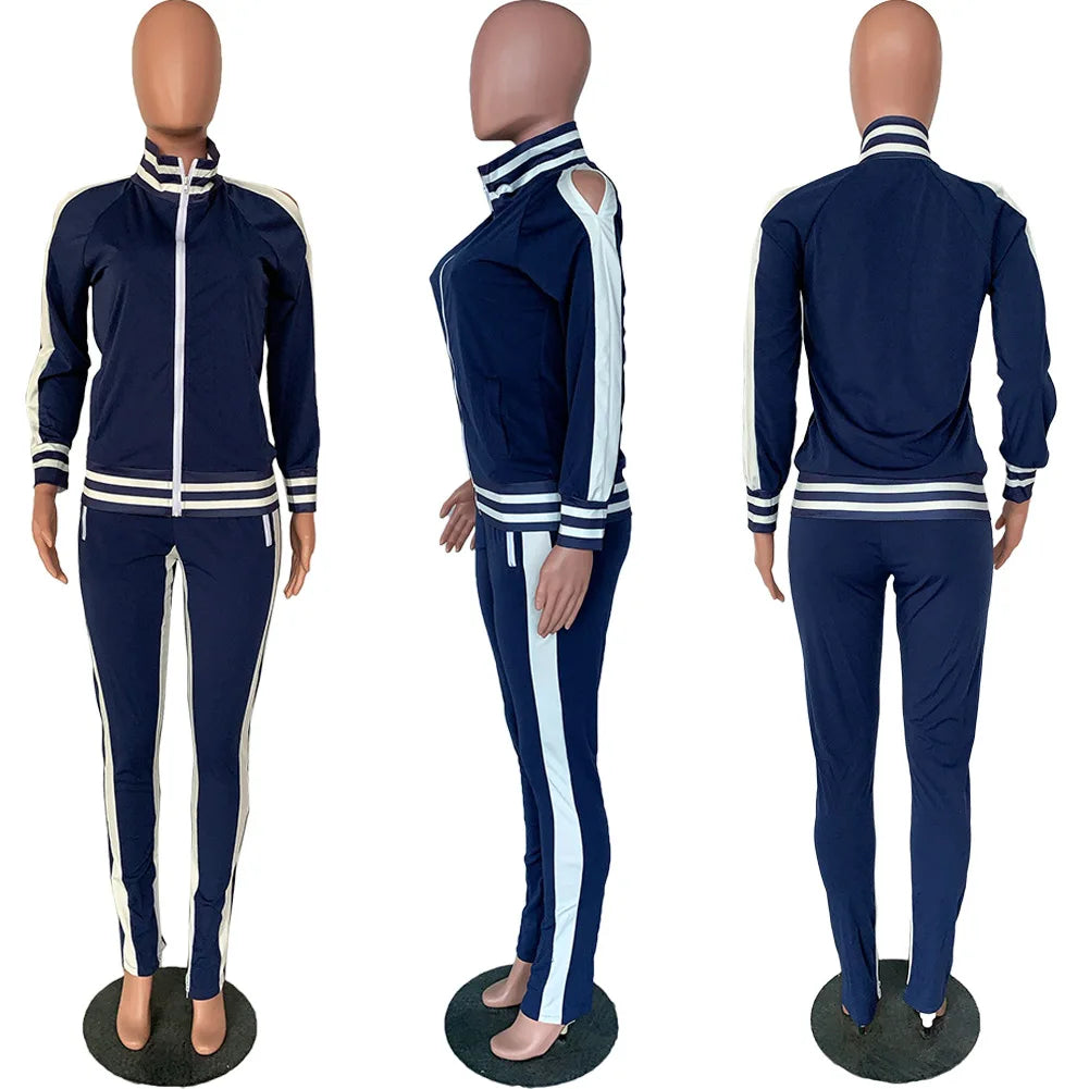Women Pant Sets Tracksuit Zippers Jackets Striped Stand Collar Coats Pencil Pants Two Pieces Set Sports Casual Patchwork