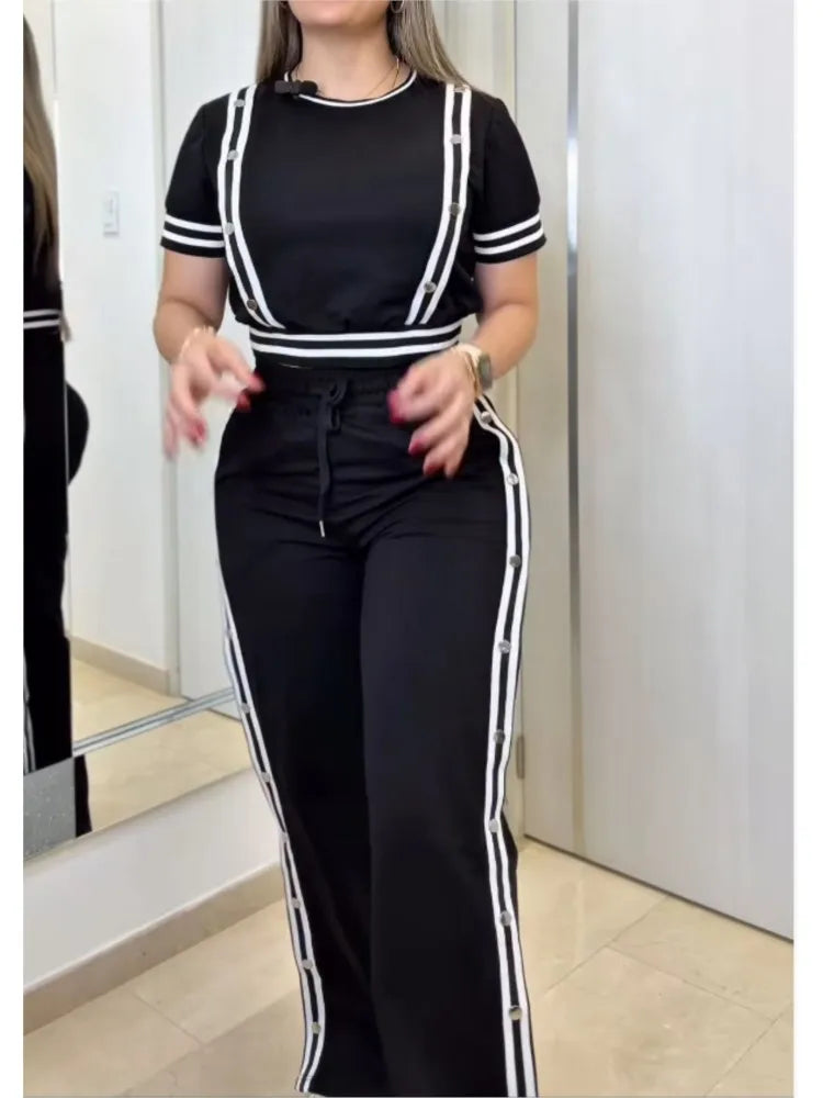 Fashion Rivet T Shirt Short Sleeved Long Pants Women's Set Autumn Casual Striped Red Slit Straight through Long Pants Sports Set