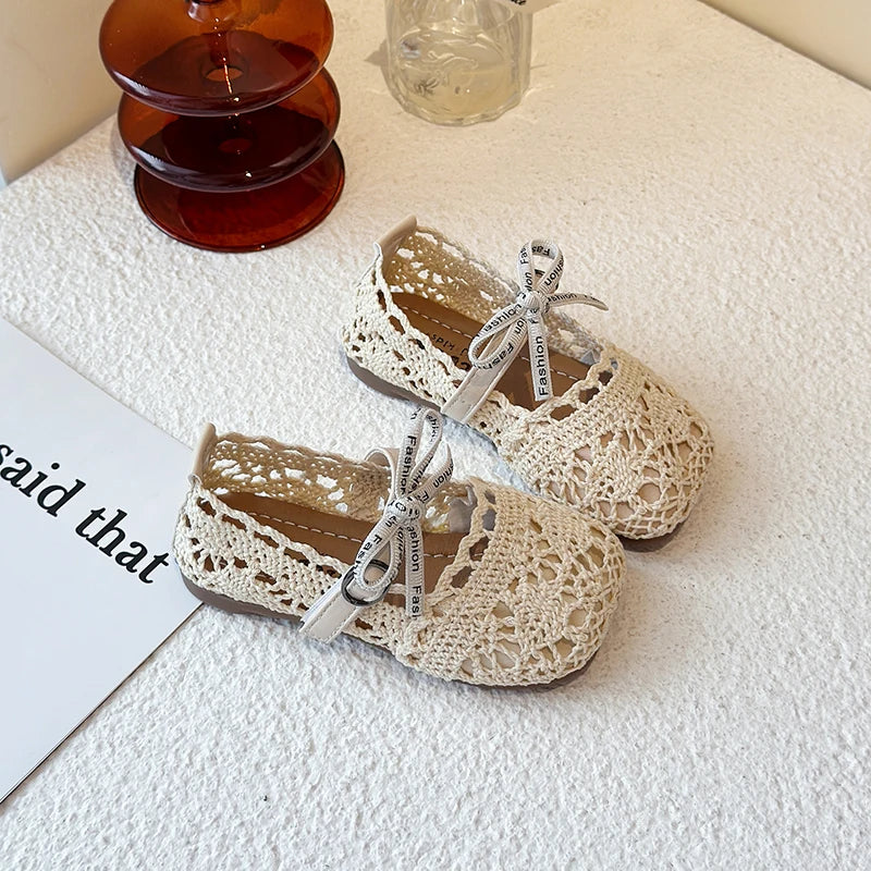 Bow Mesh Girls Flats Shoes Hollow Out Lace Solid Kids Princess Shoes Hook Loop Non Slip Toddler Children Fashion Shoes