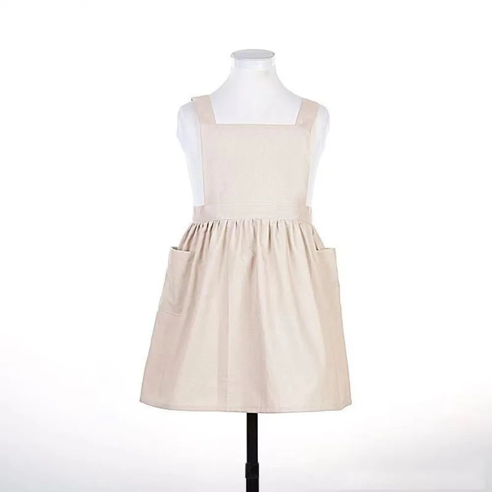 Kawaii Japanese Style Kids Apron Dress Solid Color Cotton Coffee Aprons Cross-back Soft Gardening Overalls Kitchen Accessories