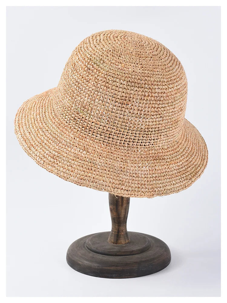 Natural Raffia Designer Beach Sun Hat for Women Handmade Crochet Straw Hat Ladies Spring Summer Bucket Hat Floppy Fisherman Cap