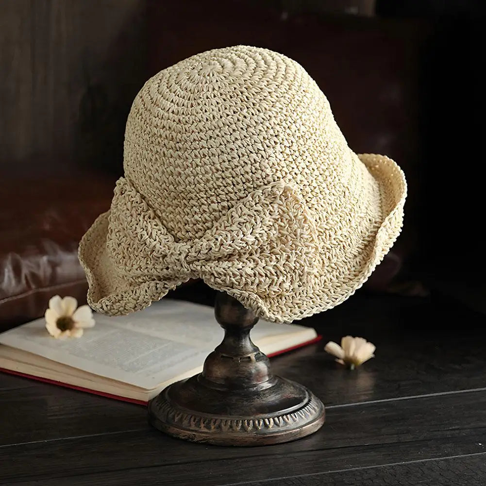 Women's Foldable Straw Sun Hat with Bow Wide Brim Beach Hat for Summer Lightweight Breathable Day Style Sun Protection
