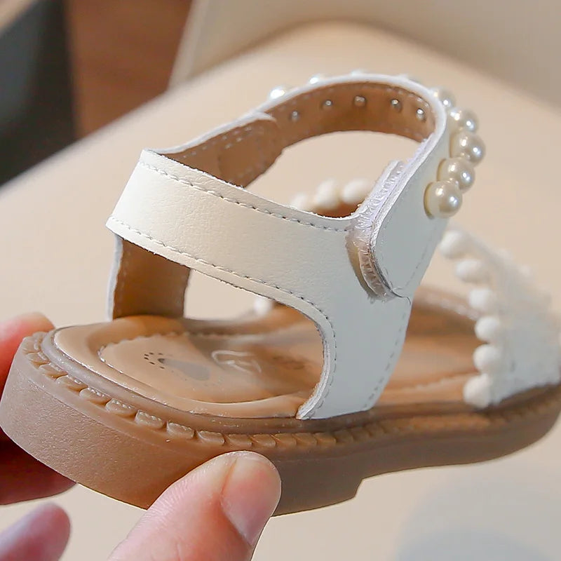 Unishuni Girls Sandals Princess One-Strap Summer Shoes Child Soft Skin-Friendly Cloth Sandal Kids Lace Pearl Bohemia Beach Flats