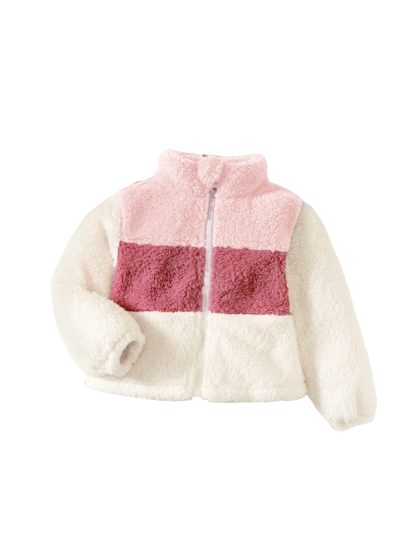 2-8 Years Kids Girl Plush Overcoat Long Sleeves Lapel Zippered Coat for Winter Outdoor Wear Fashion Color Blocking Warm Top