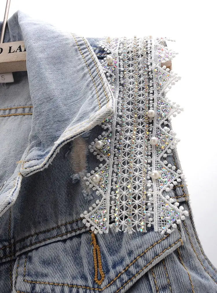 fashion Lace Beaded Denim Vest Women Cardigan 2025 New spring Sleeveless Jacket Fashion Loose Vintage jeans Waistcoat tide R359