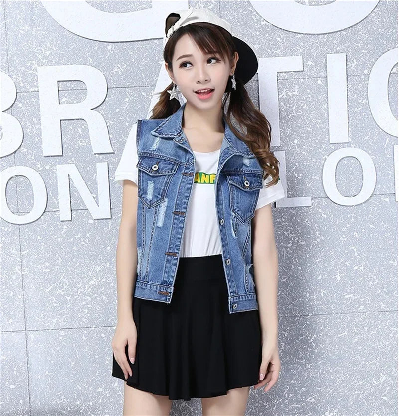 2024 New Vintage Hole Sleeveless Jean Waistcoat Short Jacket Female Outerwear 4XL 5XL 6XL Spring Autumn Denim Vest Women Clothes