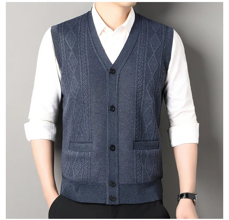 Autumn Winter Mens Vest Casual Sweater Vests Button Up Cardigan Men's V-neck Fashion Knitted Cardigans