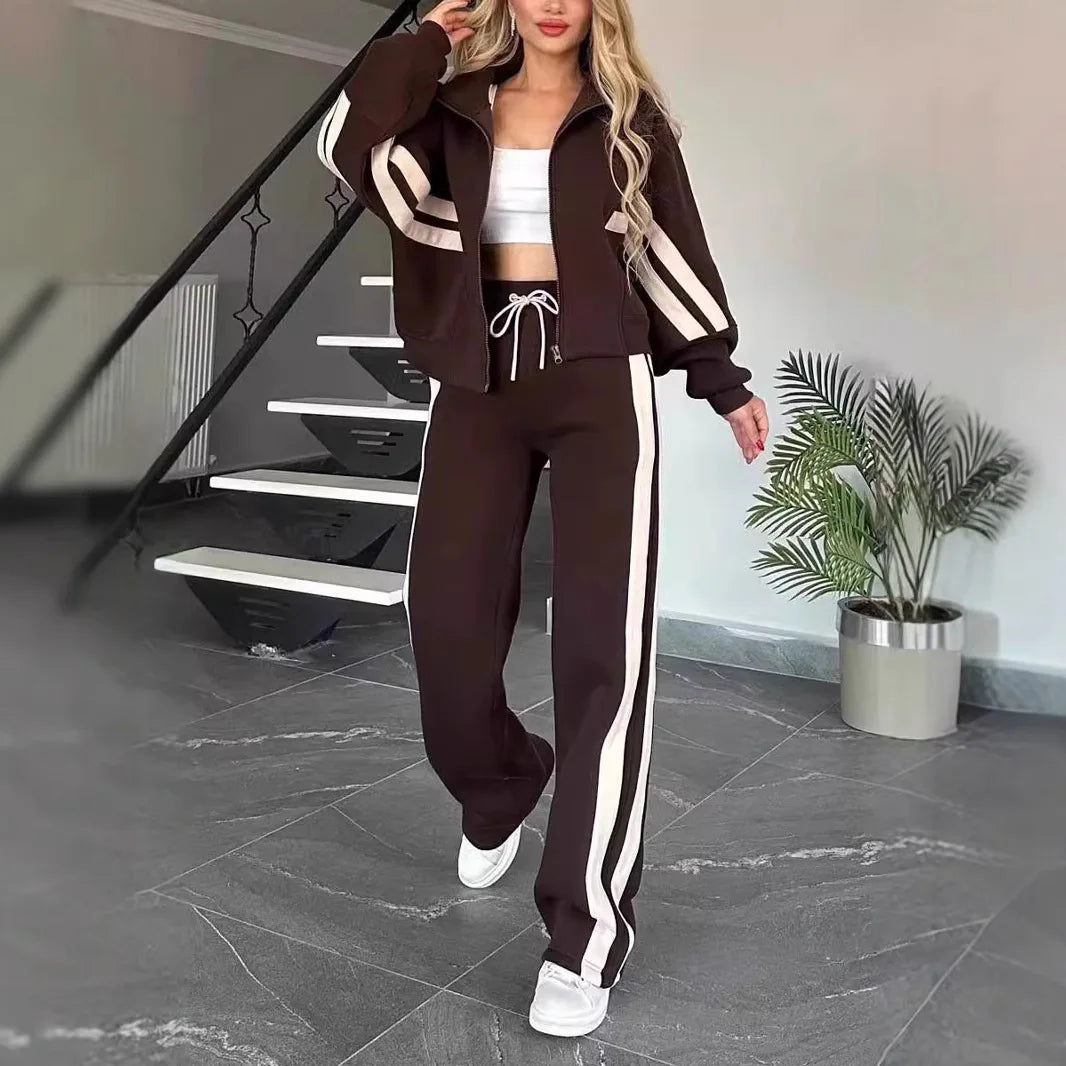Two Piece Set Women Fashion Striped Print Lapel Zipper Coat High Waist Pants Outfit Autumn Winter Long Sleeve Suit Tracksuit