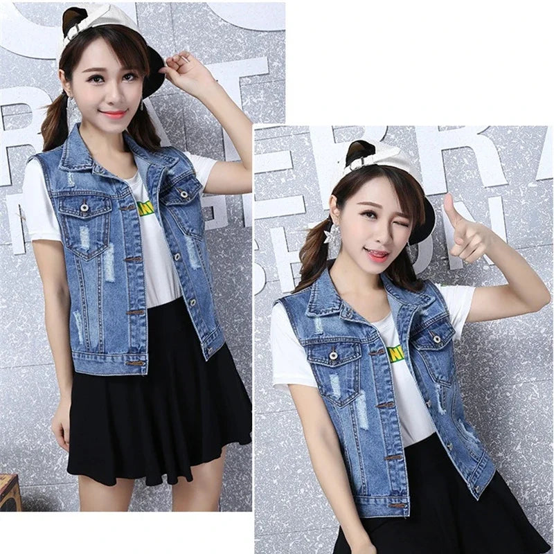 2024 New Vintage Hole Sleeveless Jean Waistcoat Short Jacket Female Outerwear 4XL 5XL 6XL Spring Autumn Denim Vest Women Clothes