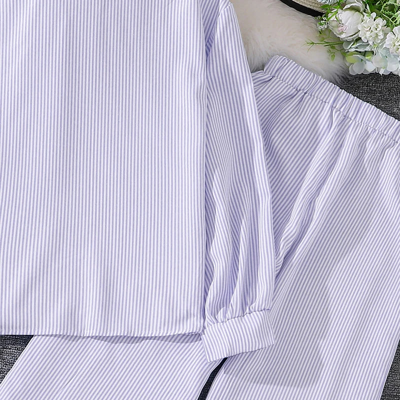 Kids Costume Suit For 4-12 Years Girls Pink Striped Long Sleeve Lapel Cardigan Shirt & Pants Daily Causal Style Comfortable Suit