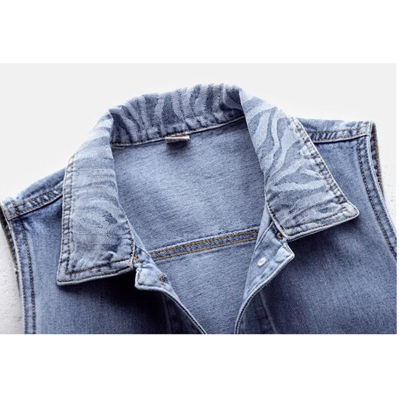 Women's Denim Vest Jacket 2025 Spring Autumn Stripe Splicing Short Jean Waistcoat Casual Tops Sleeveless Outerwear