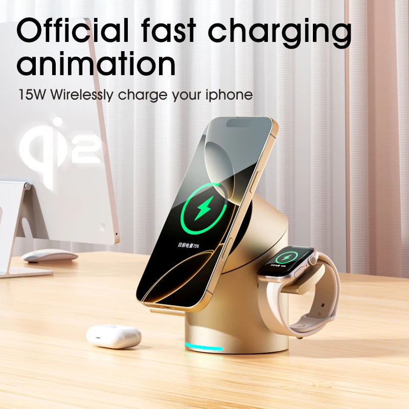 Touch Rotate Qi2 Magnetic 3-in-1 Wireless Charger 15W Fast Charging Station for iPhone 13 14 15 16 Series Apple Watch AirPods