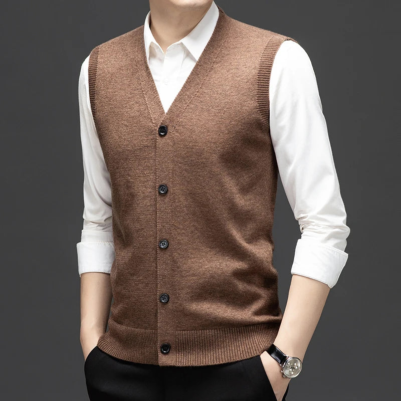 Sweaters Vests for Men Fashion Luxury Single Breasted Pullover Autumn Sleeveless Men Work Sweater Knitted Male Waistcoat Jumper