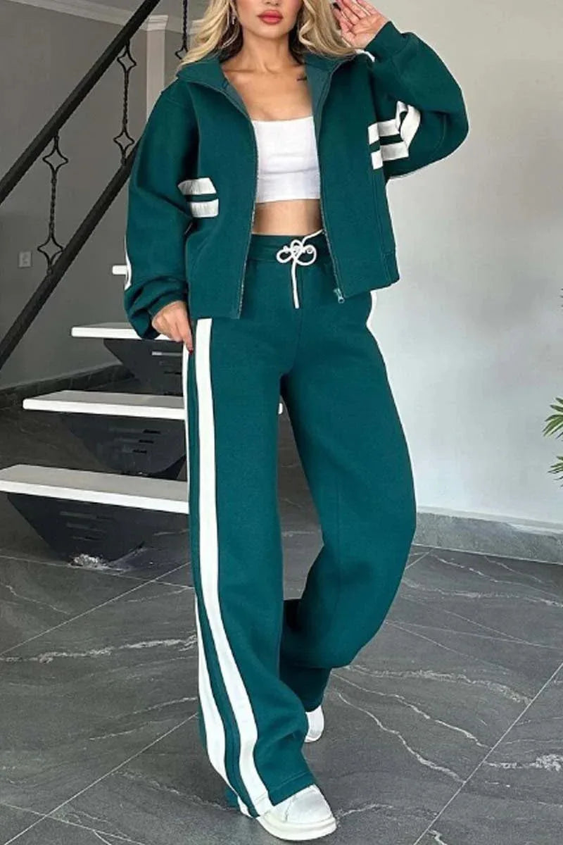 Two Piece Set Women Fashion Striped Print Lapel Zipper Coat High Waist Pants Outfit Autumn Winter Long Sleeve Suit Tracksuit