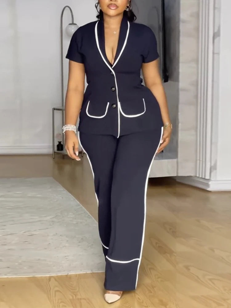 Two Piece Sets Women Outfits Short Sleeve Button Blazer Straight Pants Set with Contrast Piping Perfect for Office Wear Business