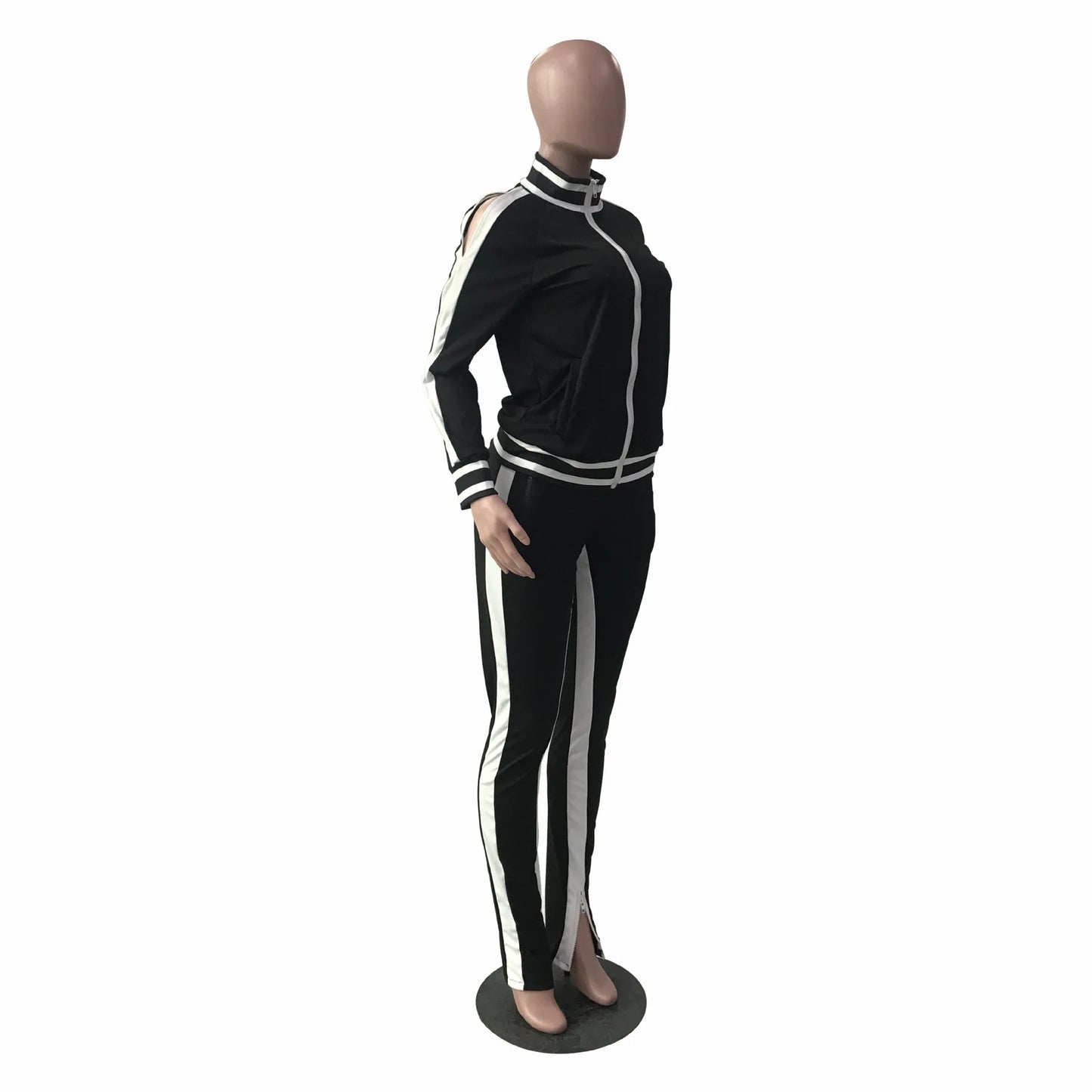 Women Pant Sets Tracksuit Zippers Jackets Striped Stand Collar Coats Pencil Pants Two Pieces Set Sports Casual Patchwork
