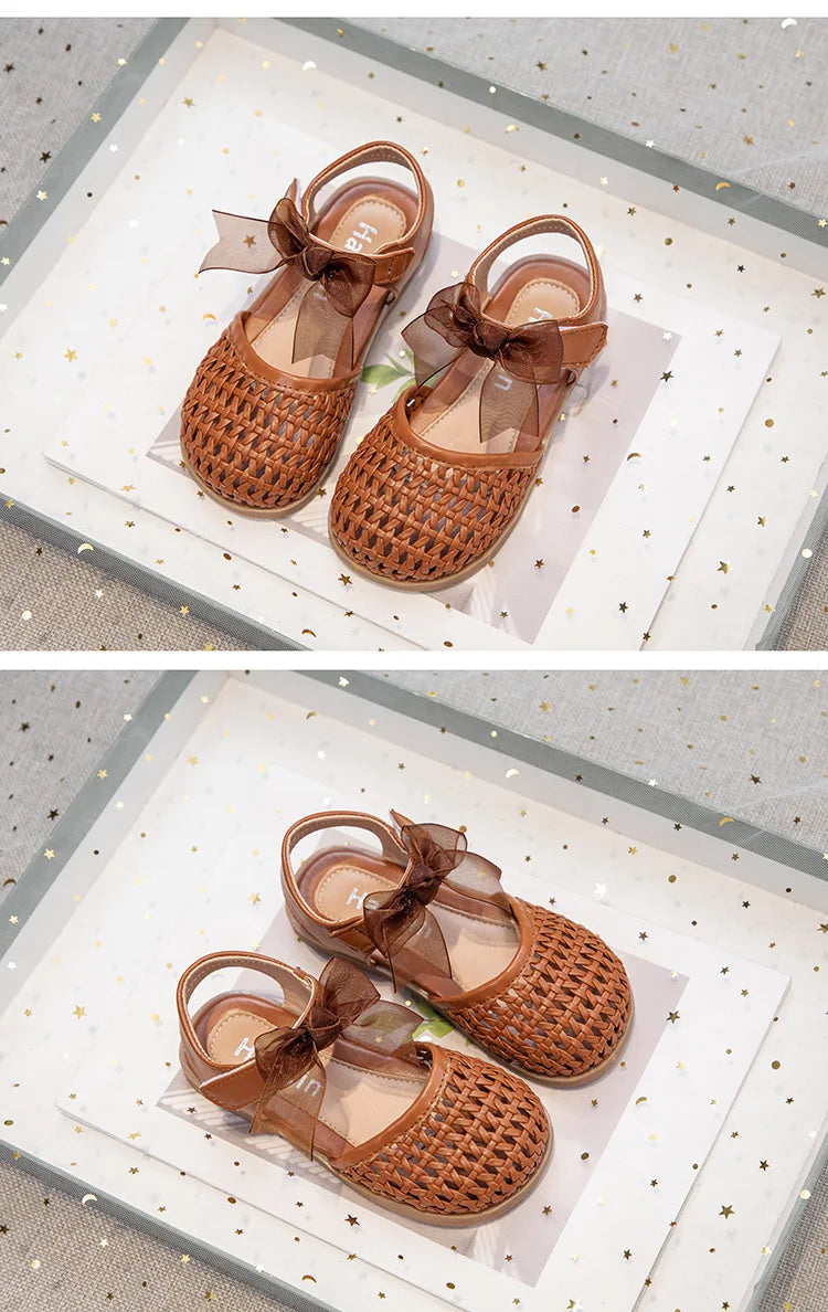 Braided Sandal for Girl Princess Summer Shoe Child Soft Sole Close Toed Butterfly Beach Shoe Kids Casual Shoe Beige Brown Silver