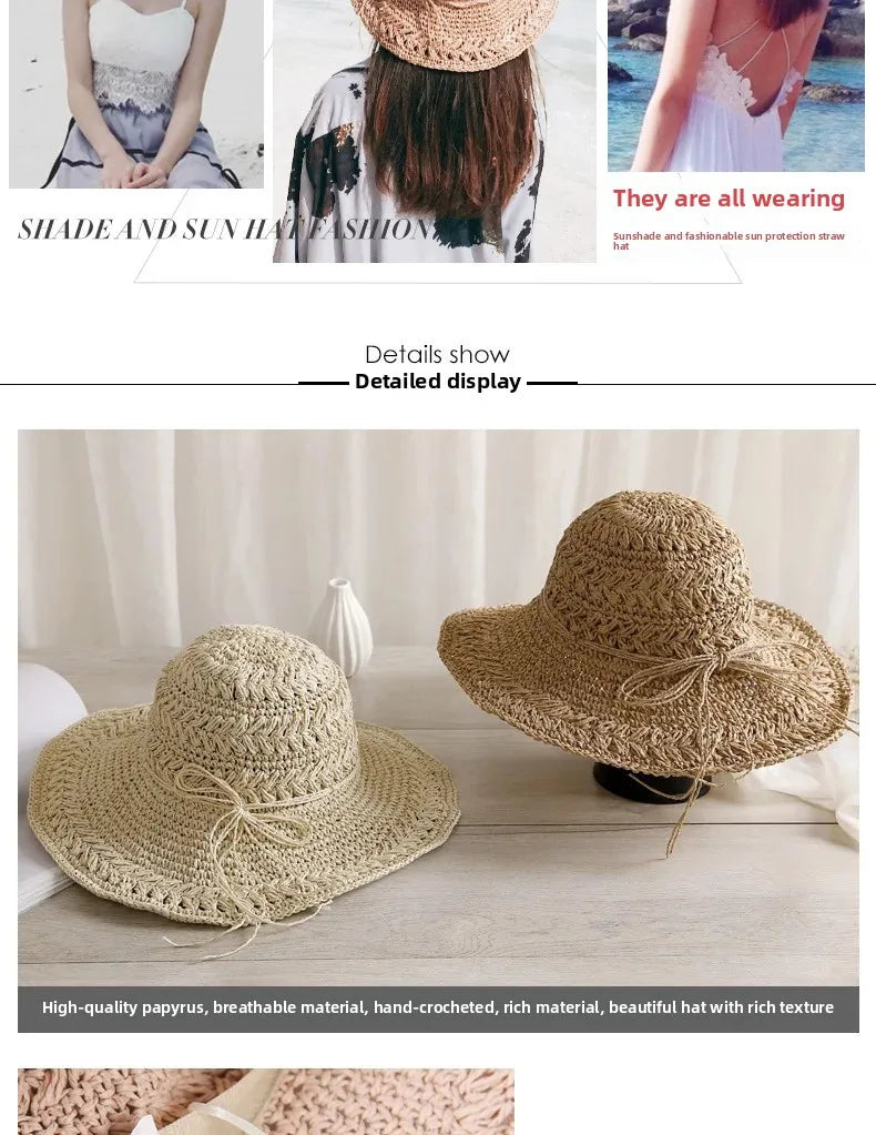 Foldable Sun Protection Straw Hat Women's Summer Korean Style Beach Vacation Outing Large Brim Sand Beach Cap Lace Net Hat