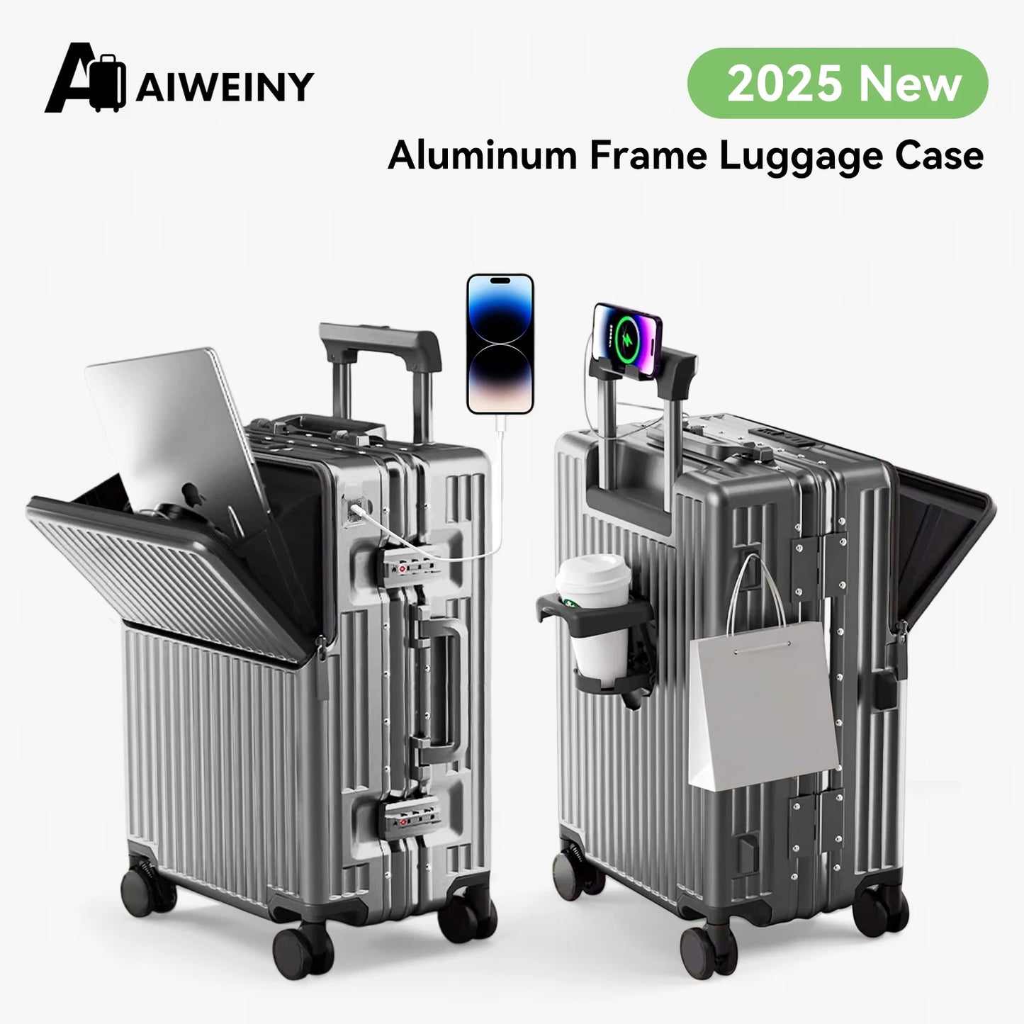 AIWEINY 2025 Aluminum Frame Suitcase PC Hard Shell Pressure-Resistant Travel Luggage, 360° Silent Swivel Wheels, with TSA Lock.