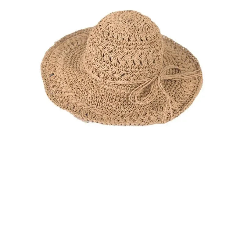 Foldable Sun Protection Straw Hat Women's Summer Korean Style Beach Vacation Outing Large Brim Sand Beach Cap Lace Net Hat