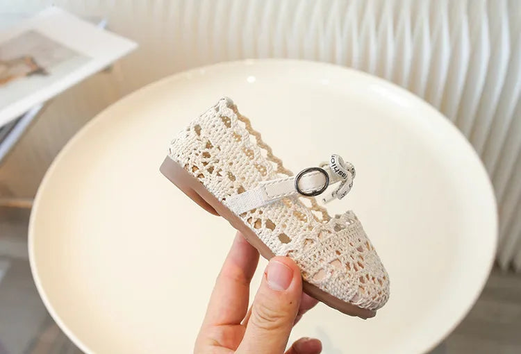 Bow Mesh Girls Flats Shoes Hollow Out Lace Solid Kids Princess Shoes Hook Loop Non Slip Toddler Children Fashion Shoes