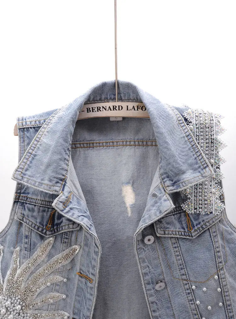fashion Lace Beaded Denim Vest Women Cardigan 2025 New spring Sleeveless Jacket Fashion Loose Vintage jeans Waistcoat tide R359