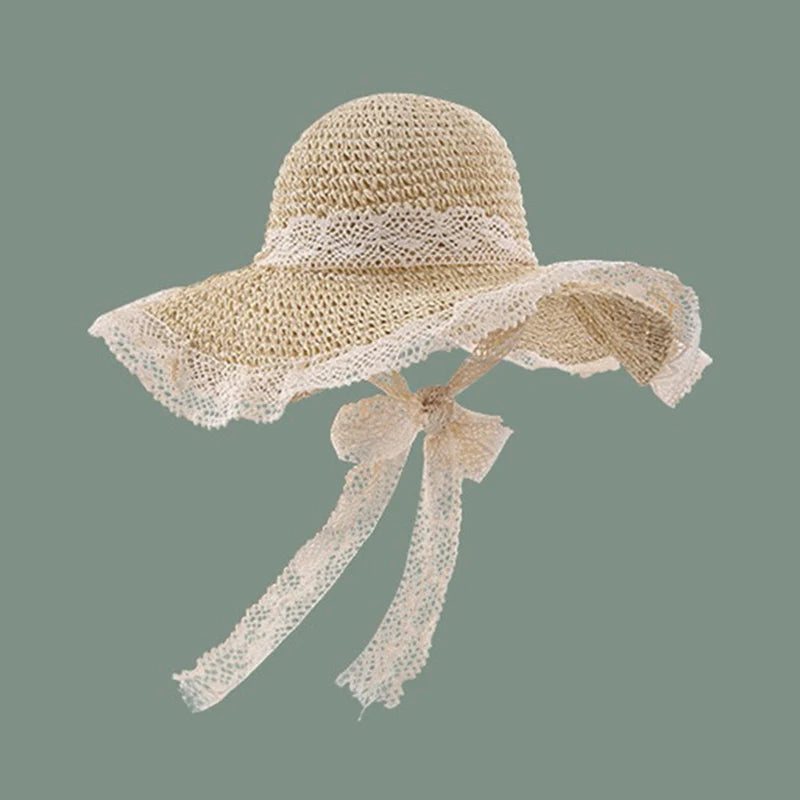 Lace Bow Women Straw Hat Wide Brim Hollow Out Grass Handwoven Visors Bucket Cap Korean Girl Beach Tour Foldable Sunshade Hats