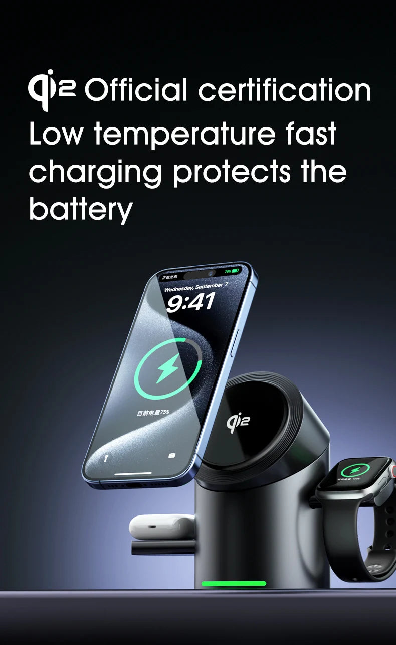 Touch Rotate Qi2 Magnetic 3-in-1 Wireless Charger 15W Fast Charging Station for iPhone 13 14 15 16 Series Apple Watch AirPods