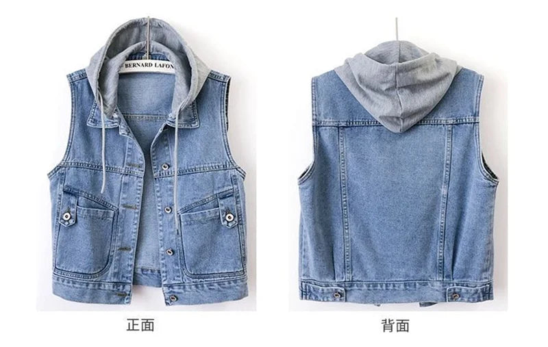 New Women Denim Vest Jackets Spring Autumn Pocket Hooded Short Jean Waistcoat Sleeveless Jacket Outerwear Female Casual Top 5XL