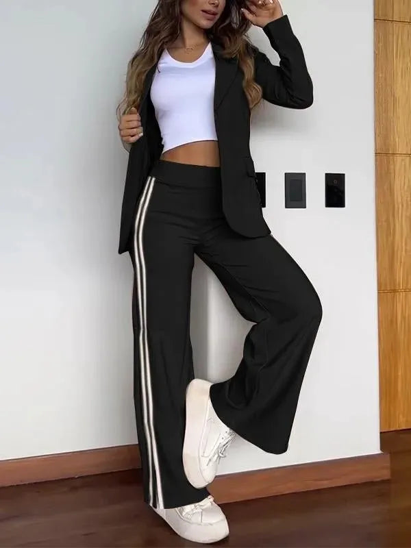 Women 2 Piece Sets Suit Jacket Wide Leg Pants Turn Down Collar Pockets Striped Blazer Coat Trousers 2025 Office Lady Outfits