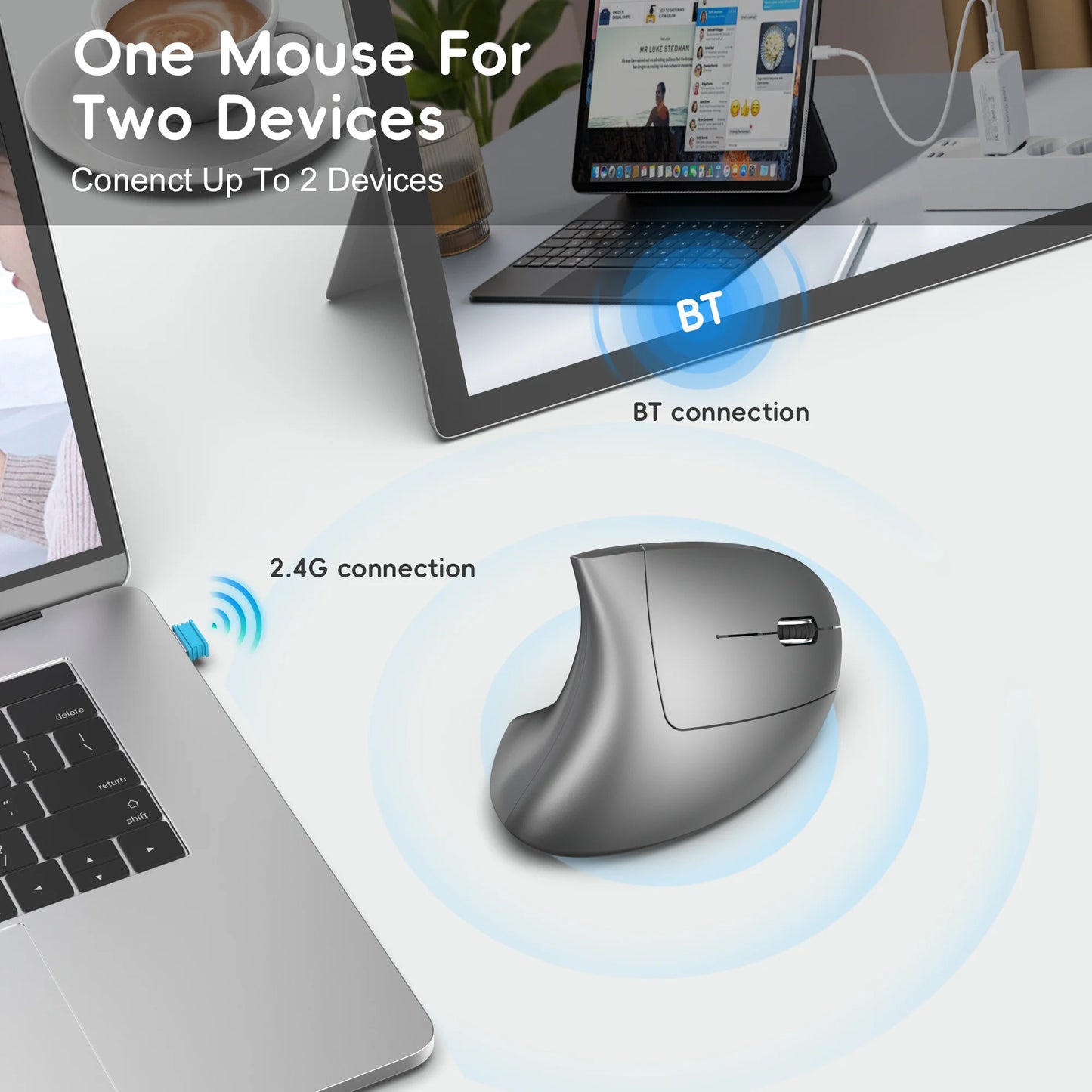 2025 New arrival HXSJ dual mode vertical mouse ergonomic ABS 600mAh rechargeable 2400DPI Type-c interface wireless mouse for pc