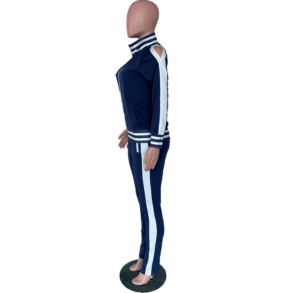 Women Pant Sets Tracksuit Zippers Jackets Striped Stand Collar Coats Pencil Pants Two Pieces Set Sports Casual Patchwork