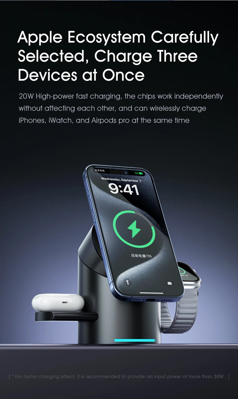 Touch Rotate Qi2 Magnetic 3-in-1 Wireless Charger 15W Fast Charging Station for iPhone 13 14 15 16 Series Apple Watch AirPods