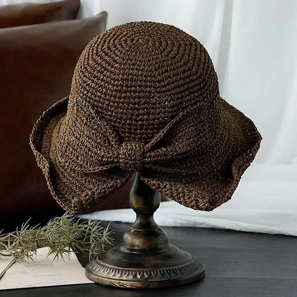 Women's Foldable Straw Sun Hat with Bow Wide Brim Beach Hat for Summer Lightweight Breathable Day Style Sun Protection