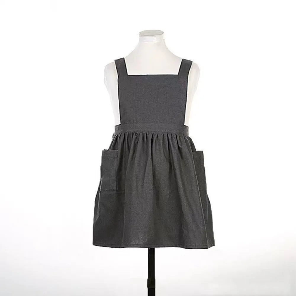 Kawaii Japanese Style Kids Apron Dress Solid Color Cotton Coffee Aprons Cross-back Soft Gardening Overalls Kitchen Accessories