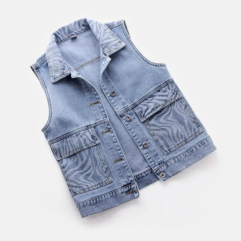 Women's Denim Vest Jacket 2025 Spring Autumn Stripe Splicing Short Jean Waistcoat Casual Tops Sleeveless Outerwear