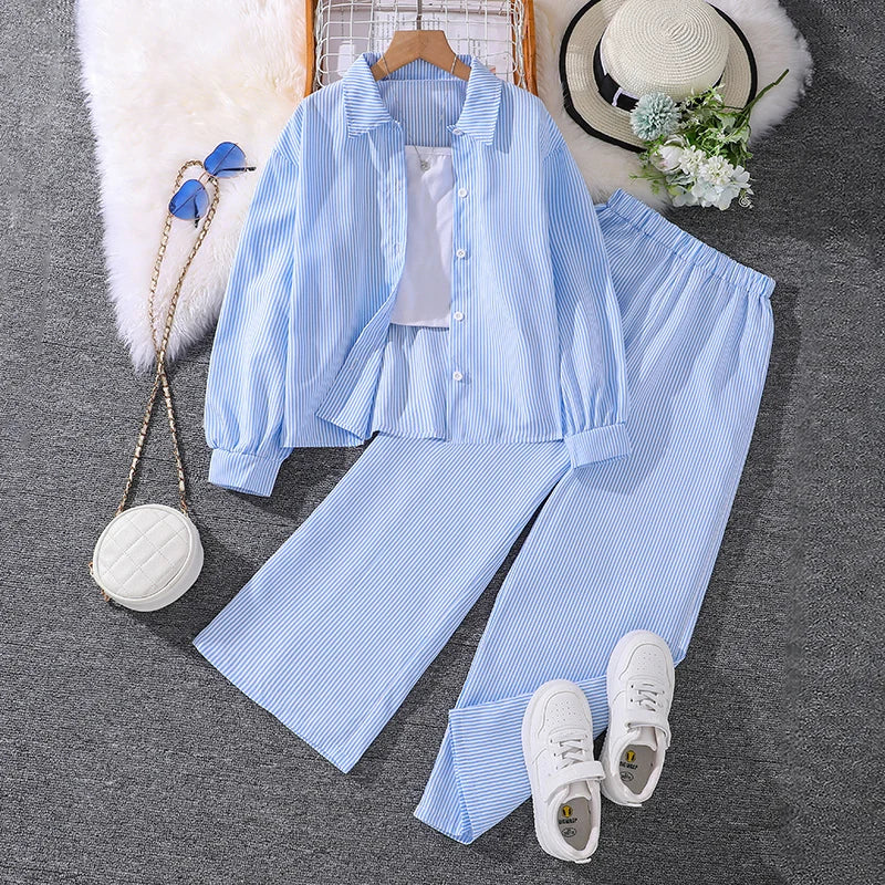 Kids Costume Suit For 4-12 Years Girls Pink Striped Long Sleeve Lapel Cardigan Shirt & Pants Daily Causal Style Comfortable Suit