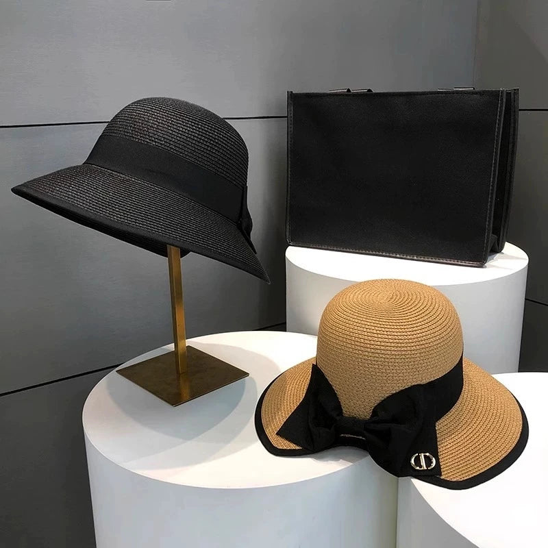 Summer Girls Sun Hats Wide Brim Bowknot Straw Hat with Ribbon Outdoor Sun Protection Women Hats Soild Color Ladies Panama Caps