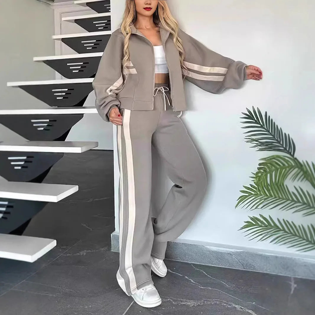 Two Piece Set Women Fashion Striped Print Lapel Zipper Coat High Waist Pants Outfit Autumn Winter Long Sleeve Suit Tracksuit