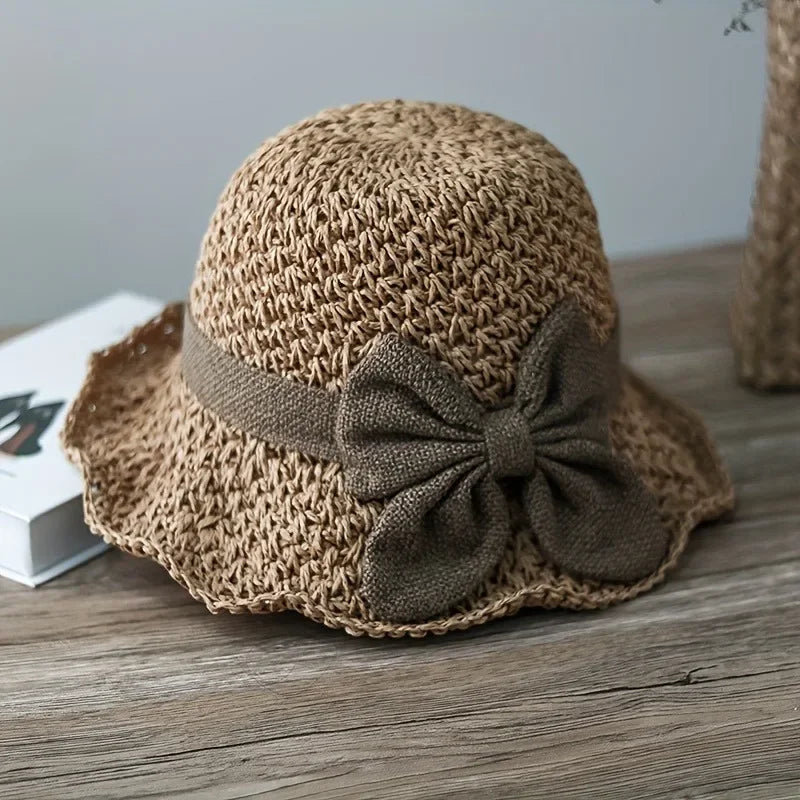 1pc/2pcs Elegant Sun Hat - Hand Woven with Vintage Ruffles and Bow, Foldable Travel Beach Hat
