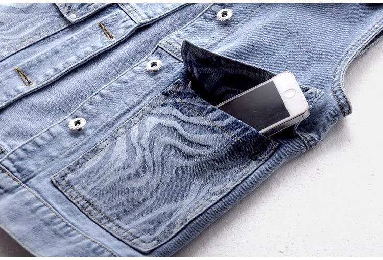 Women's Denim Vest Jacket 2025 Spring Autumn Stripe Splicing Short Jean Waistcoat Casual Tops Sleeveless Outerwear