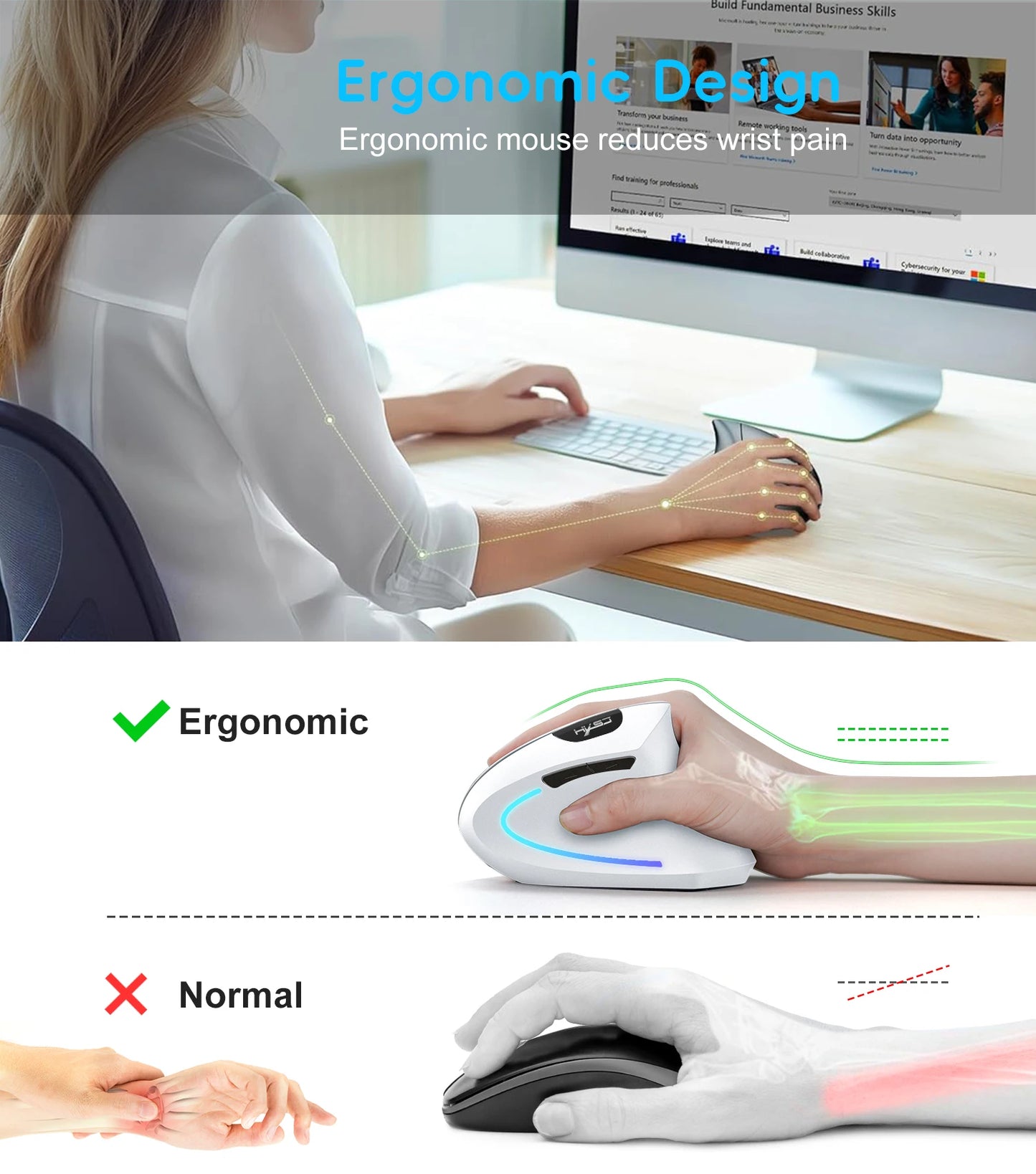 2025 New arrival HXSJ dual mode vertical mouse ergonomic ABS 600mAh rechargeable 2400DPI Type-c interface wireless mouse for pc
