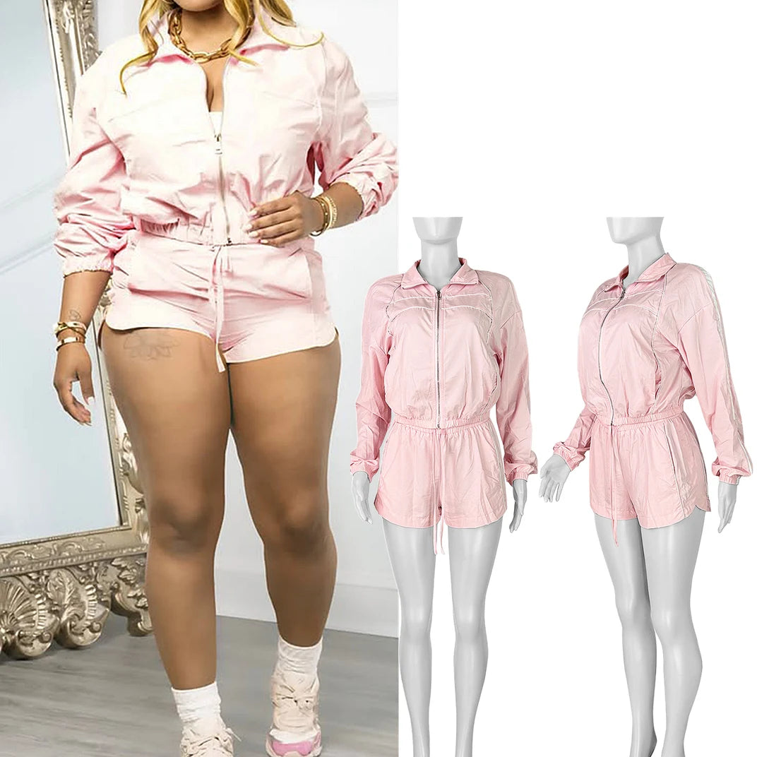 FAGADOER Casual Color Block 2 Pieces Set for Woman Long Sleeve Zipper Crop Jacke and Drawstring Shorts Female Jogger Clothing