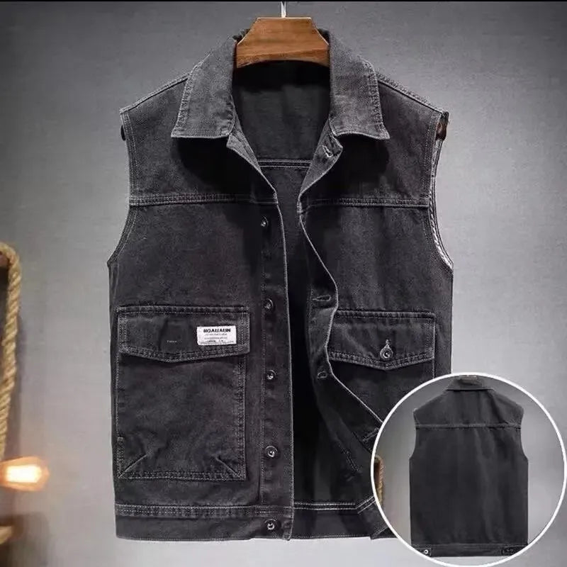 Loose Men's Denim Vest Spring Autumn American Retro Style Sleeveless Workwear Jacket Casual Trendy Brand Outerwear