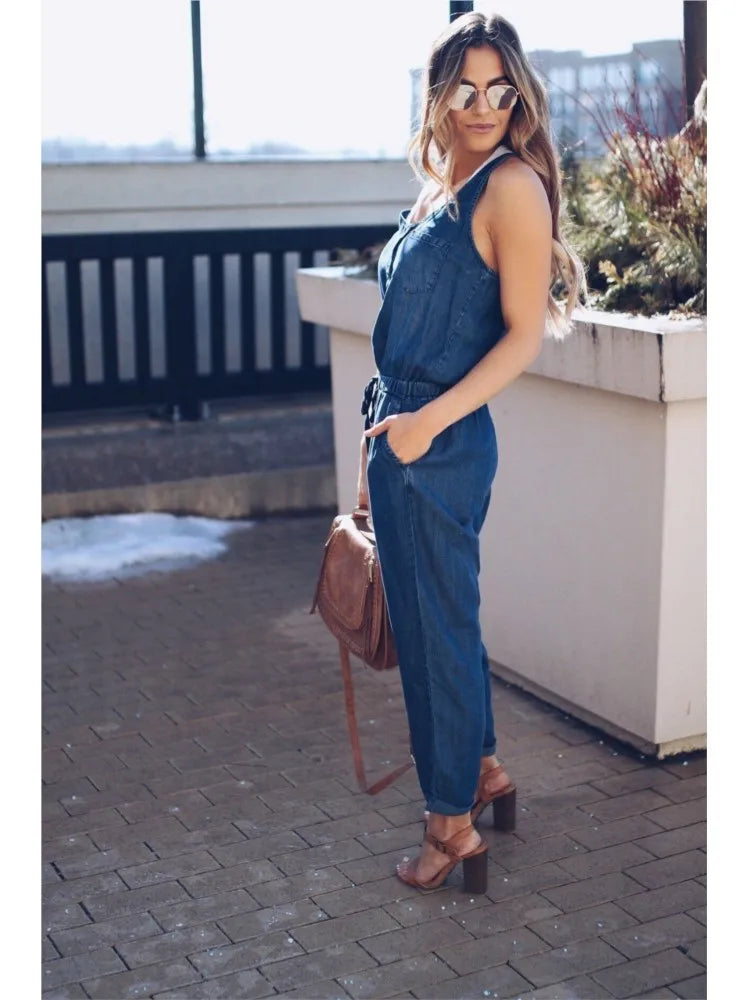 Summer Denim Jumpsuit For Women 2025 Fashion Sleeveless Button Vest Slim Drawstring Pant Jumpsuits High Street Women's Clothing