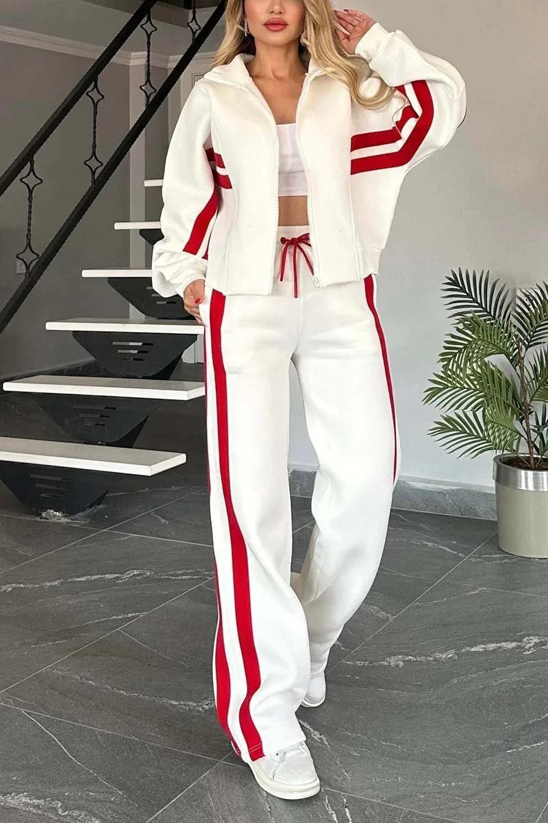 Two Piece Set Women Fashion Striped Print Lapel Zipper Coat High Waist Pants Outfit Autumn Winter Long Sleeve Suit Tracksuit
