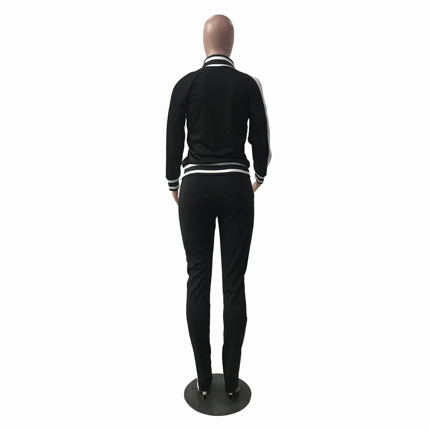 Women Pant Sets Tracksuit Zippers Jackets Striped Stand Collar Coats Pencil Pants Two Pieces Set Sports Casual Patchwork