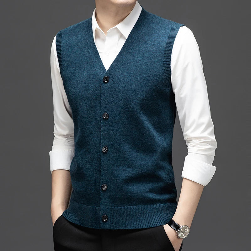 Sweaters Vests for Men Fashion Luxury Single Breasted Pullover Autumn Sleeveless Men Work Sweater Knitted Male Waistcoat Jumper