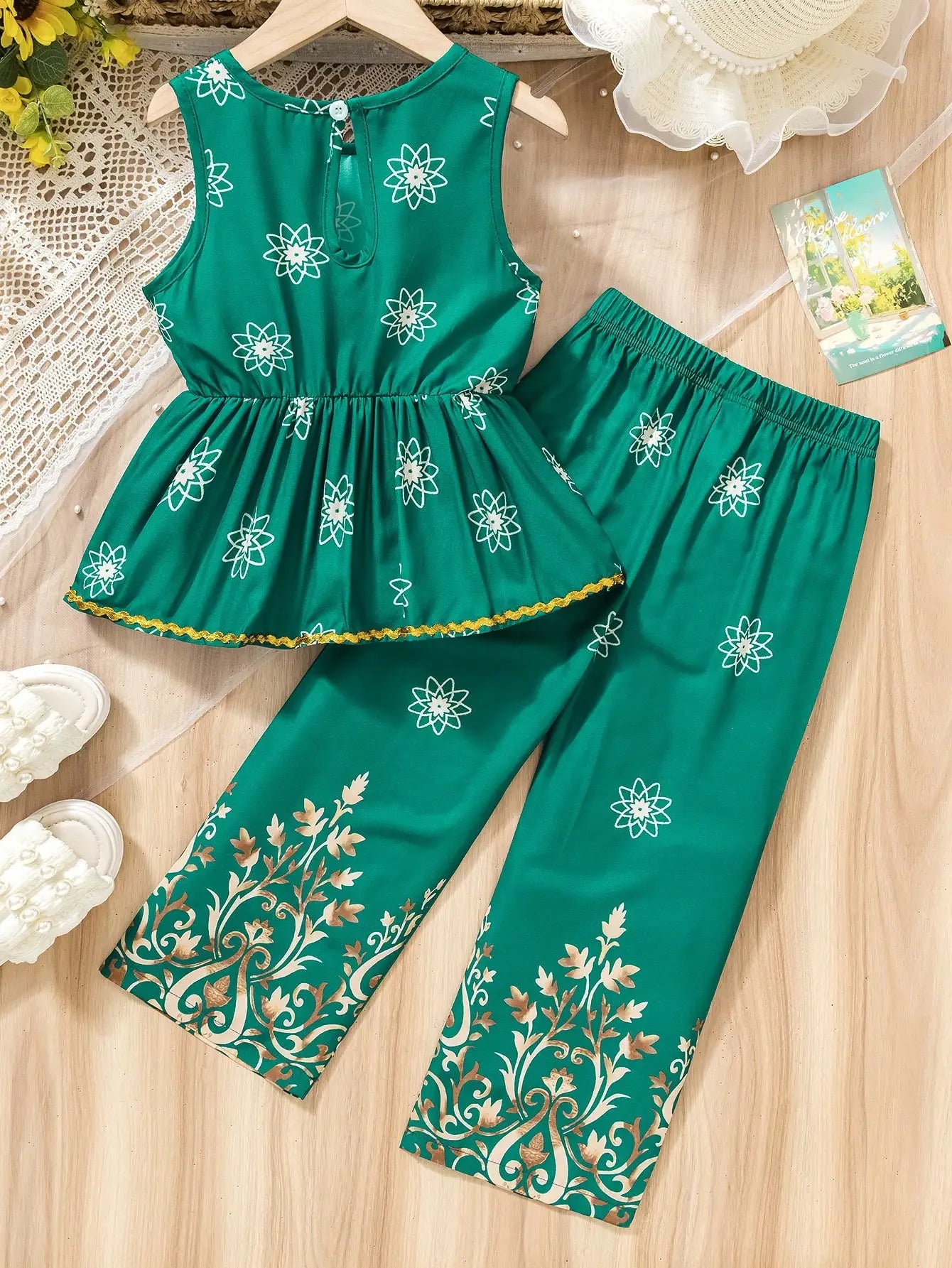 Girl's Ethnic Floral Sleeveless & Wide-Leg Set, 4-7Y Spring-Summer Vacation/Party/Outdoor